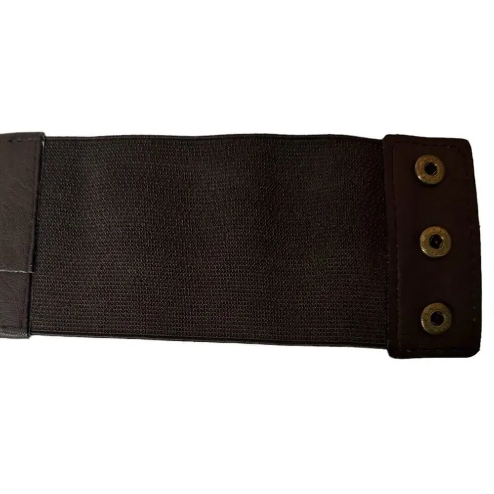 Vintage ANGIE Wide Brown Beaded Faux Leather Elastic Stretch Snap Closure‎ Belt